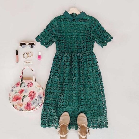 JessaKae Romantic Collared Lace Midi Dress Emerald Green M - Picture 1 of 7